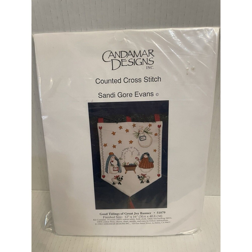Vtg Candamar Designs Counted Cross Stitch Good Tidings of Great Joy Banner 1998